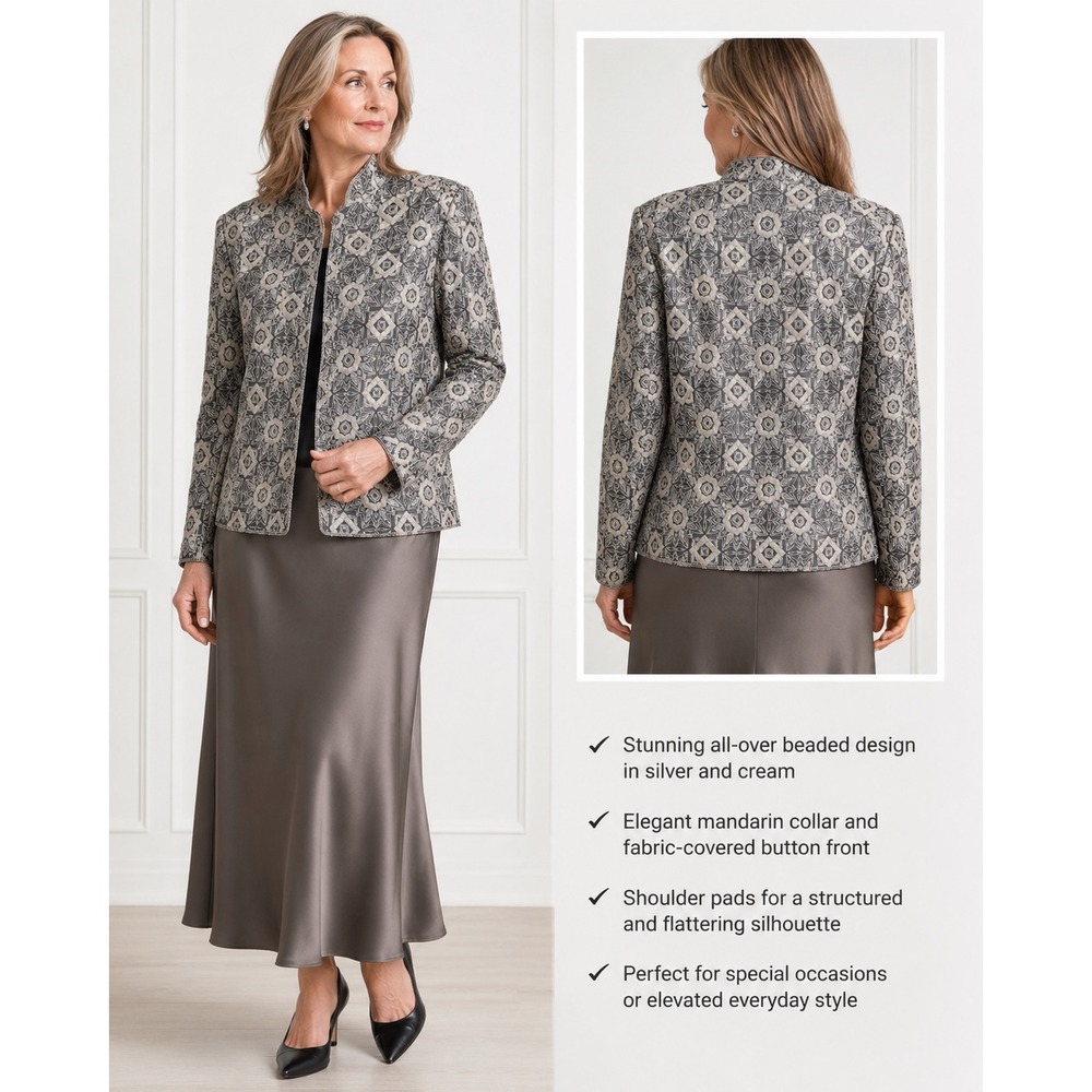 Cassandra Stone Vintage Silk Beaded Jacket Charcoal Silver Gray Formal Size 14